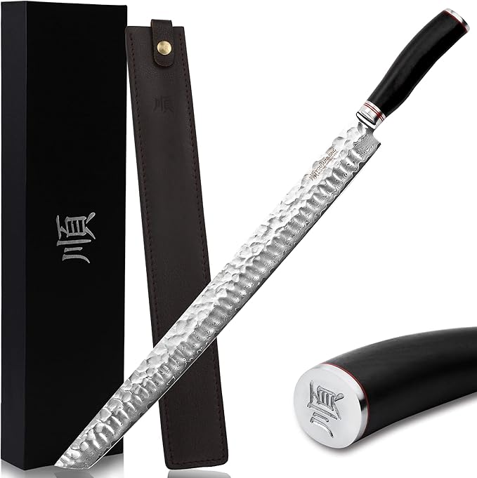 YOUSUNLONG Sakimaru Knife 15 inch(380mm) Ultimate Japanese Damascus Steel Fillet Knives Suitable for cutting tuna and salmon-Natural Ebony Handle With Leather Sheath