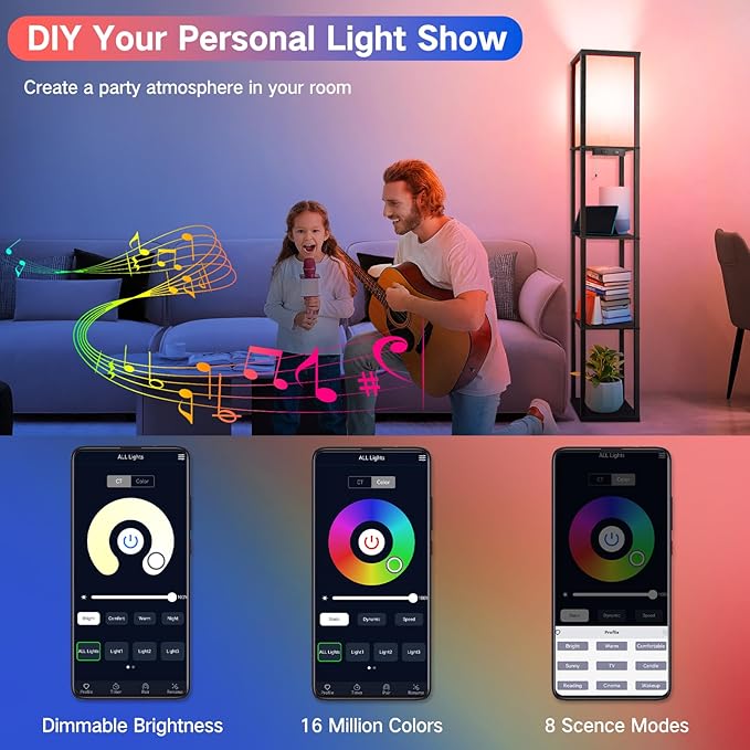 OUTON Floor Lamp with Shelves, LED Dimmable Floor Lamp with Remote & App Control, Charging Station, Color Changing, Wood Column Tall Standing Lamp for Living Room, Bedroom Office, RGB