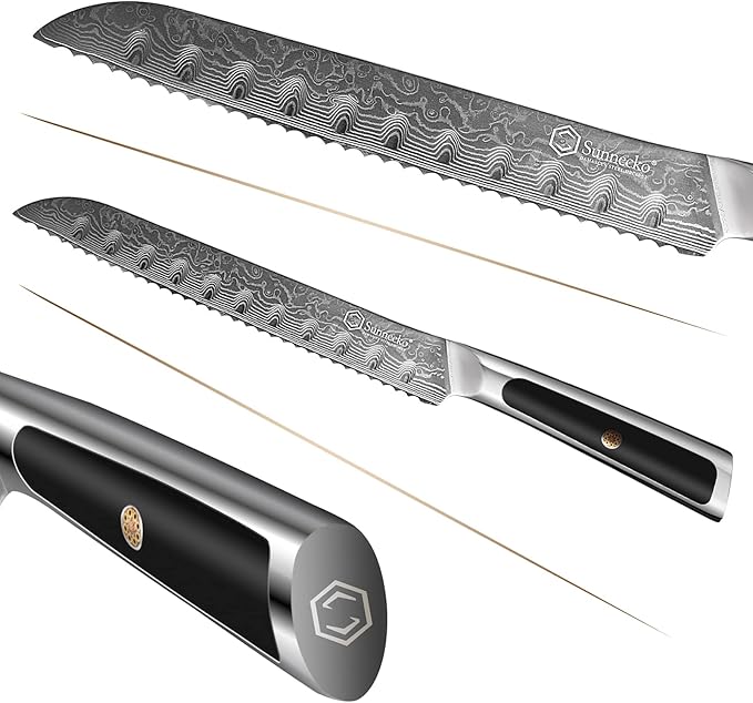 Sunnecko Bread Knife 8 inch, Serrated Bread Knife for Homemade Bread with 67-layers VG10 Damascus Steel Blade, Japanese Bread Knife with Solid Handle Bread Cutting Knife Bread Knives Cake Knife