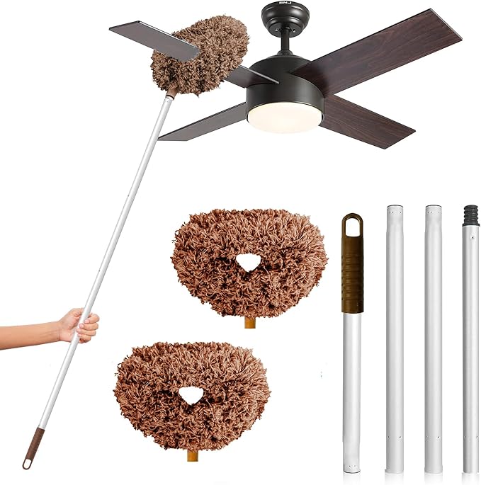 DRQ Ceiling Fan Cleaner Duster, 2 Pack Reusable Microfiber Duster with Extension Pole, 13 to 50 Inch Fan Blade Cleaner, Removable Dusters for Cleaning Walls Bookshelves Door Window Top (Brown)
