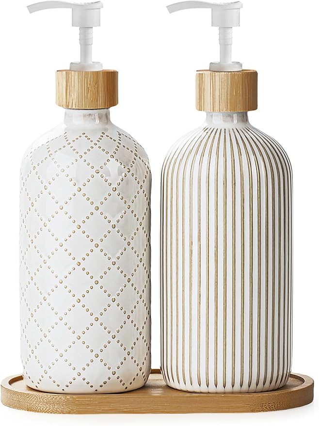 Getstar Hand and Dish Soap Dispenser Set, Ceramic Soap Dispenser for Bathroom and Kitchen with Rust Proof Pump and Tray, Set of 2 (White Pump)