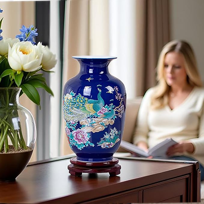 MTME Porcelain Figurines, Jingdezhen Peacock Decorative Flower vase, Home Decor, Wedding Gifts, Aesthetic Sculpture Home décor (Blue)