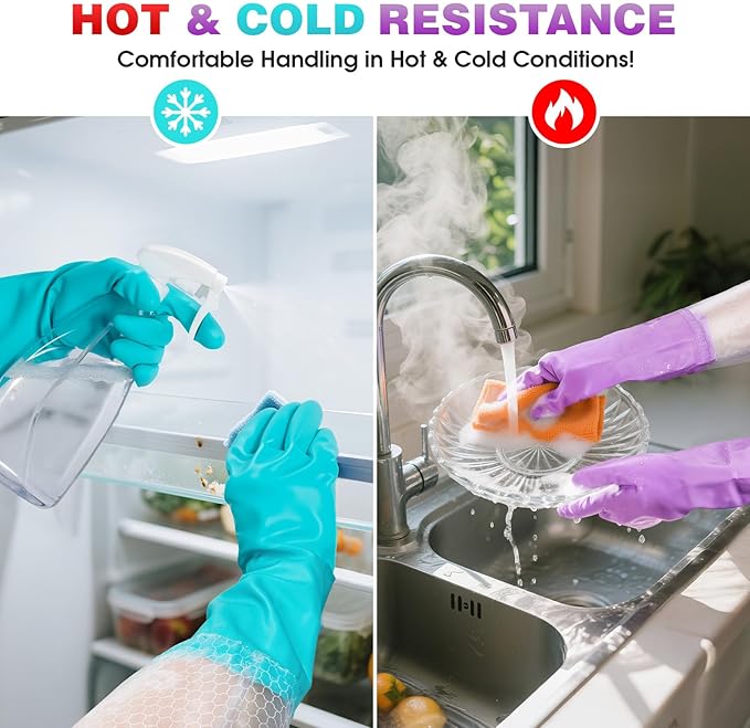 Elgood Reusable Long Dishwashing Cleaning Gloves with Latex Free, Long Cuff,Cotton Lining,Kitchen Gloves 2 Pairs,Purple+Blue Large