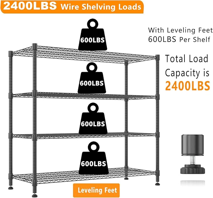 Himimi 72" H Storage Shelves 4 Tier Metal Shelving Adjustable Wire Shelf with Wheels, Heavy Duty Shelving for Garage Kitchen Pantry Bathroom Laundry 18" D*48" W*72" H, Black
