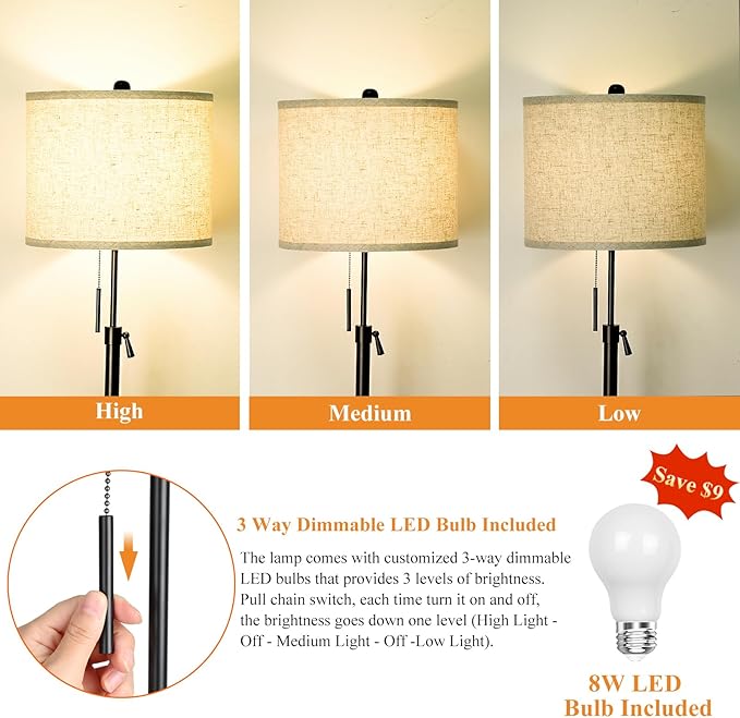 Adjustable Height Floor Lamp for Living Room, Black Standing Lamp for Bedroom Office, Modern Tall Lamp with Linen Shade, 3-Way Dimmable 8W 3000K LED Blub Included (Black)