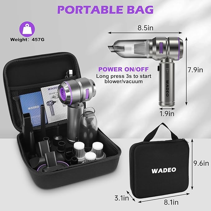 WADEO Handheld Vacuum Cordless, 4-in-1 21000PA Brushless Car Vacuum & 210000RPM Air Duster 7500mAh Battery Air Blower Wireless Handheld Vacuum for Car, Office and Home Cleaning