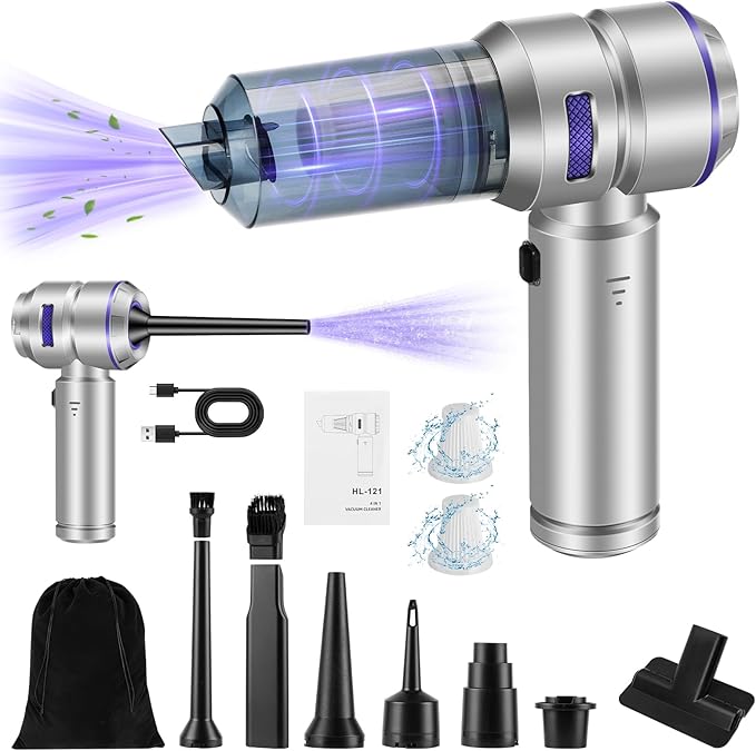 Handheld Car Vacuum Portable Cordless - 18000PA High Power with Brushless Motor, 4-in-1 Air Duster, Blower, Pump & Rechargeable Mini Vacuum for Car, Home, Office (Silver Grey+Blue)