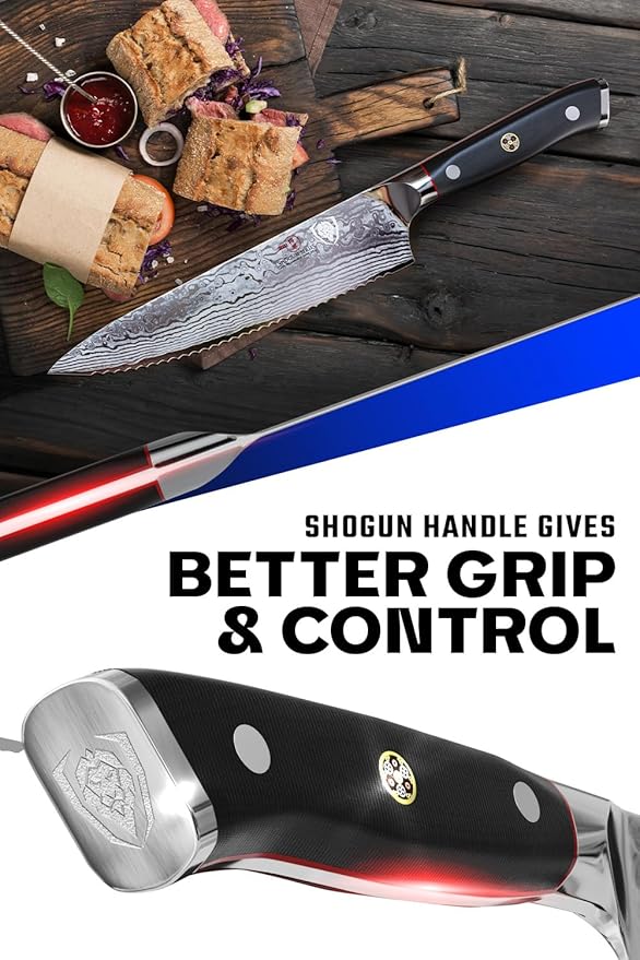 Dalstrong Serrated Chef Knife - 7.5 inch - Shogun Series Elite - Damascus - Japanese AUS-10V Super Steel - Razor Sharp Chef's Knife - Black G10 Handle - w/Sheath