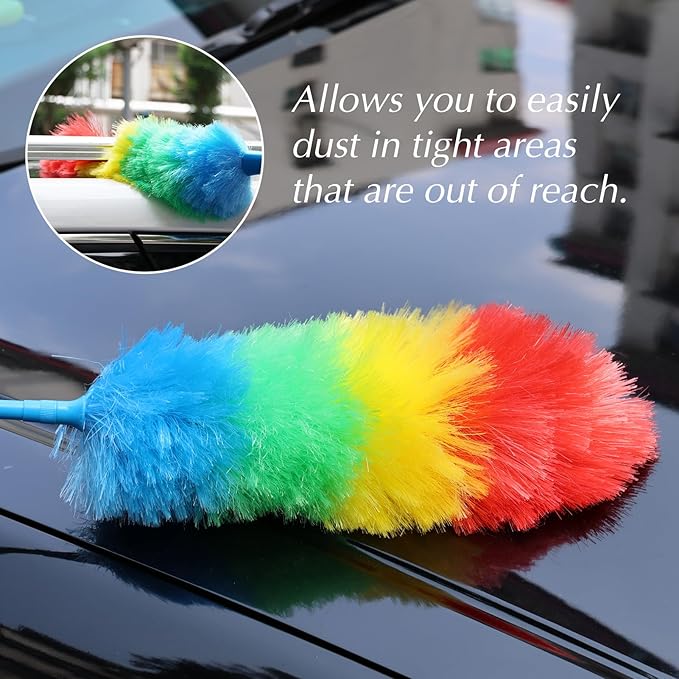 Rainbow Extendable Static Duster Reusable Microfiber Duster with 100" Telescoping Pole, Beandable and Washable Dusters Head for Cleaning Ceiling, Fan, Furniture