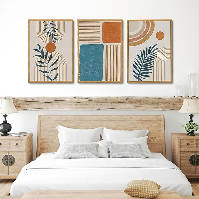 Bwodke Boho Wall Art, Framed Abstract Wall Art, botanical Neutral Canvas Wall Decor, Large Mid Century Plant Pictures Set of 3, Modern Minimalist Paintings ,for Bedroom Living Room Bathroom