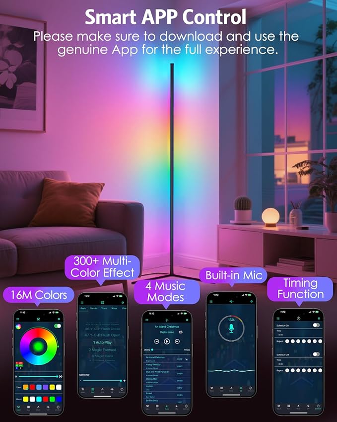 Upgraded Floor Lamp, 64.5''RGB LED Corner Lamp with App & Remote Control, 16 Million Colors & 300+ Scene, Standing Lamp with Music Sync for Living Room, Gaming Room,Bedroom