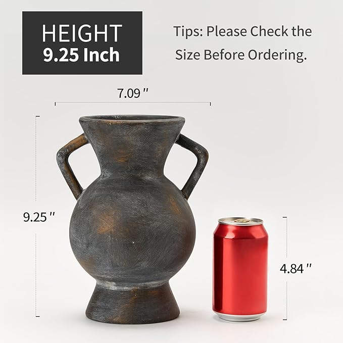 LUKA Antique Ceramic Vase with 2 Handle,9.25 inches Rustic Vase Minimalist Decor, Decorative Vases for Home Decor, Table, Living Room, Shelf, Christmas Decoration(Large,Black)