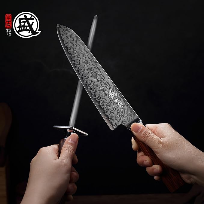 MITSUMOTO SAKARI Santoku Chef Knife 7 inch, S301 Powder Steel Damascus All-Purpose Kitchen Knife (Hand Forged)