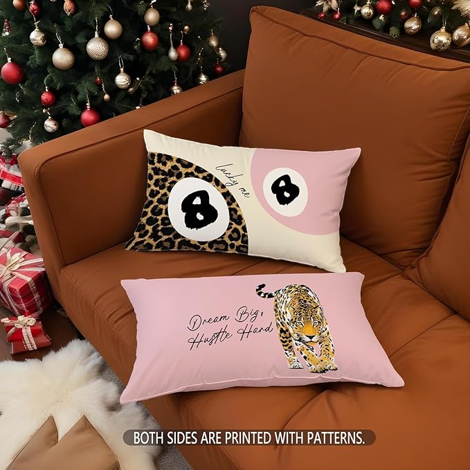 Trendy Leopard Lucky 8 Ball Pillow Covers 20x12, Cheetah Leopard Print Room Decor, Funky Preppy Leopard and Black Billiards Decorative Throw Pillow Covers for Girls Dorm Apartment,Set of 2