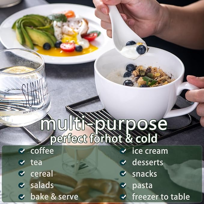 Chulan Extra Large White Bone China Cereal Mugs, 22 oz Ceramic Coffee Mug Set of 6, Latte Mugs Mocha Tea Cup, Jumbo Porcelain Soup Mugs with Big Handle for Desserts Snack, Microwave & Dishwasher Safe