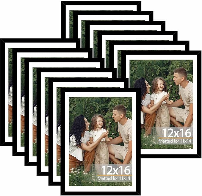 12 Pack 12x16 Picture Frame with 11x14 Mat, Display 11x14 with Mat or 12x16 Without Mat, 12 by 16 Frames Bulk Set of 12 Collage Gallery Wall Decor Photo Frames Set for Wall, Black
