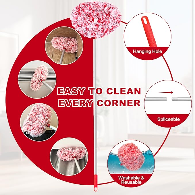 Ceiling Fan Cleaner Duster Reusable Microfiber Ceiling Fan Blade Cleaner Removable Duster with Extension Pole Adjusts 13 to 49.7 Inch for Cleaning Walls Furniture Door Window Top (Red White)