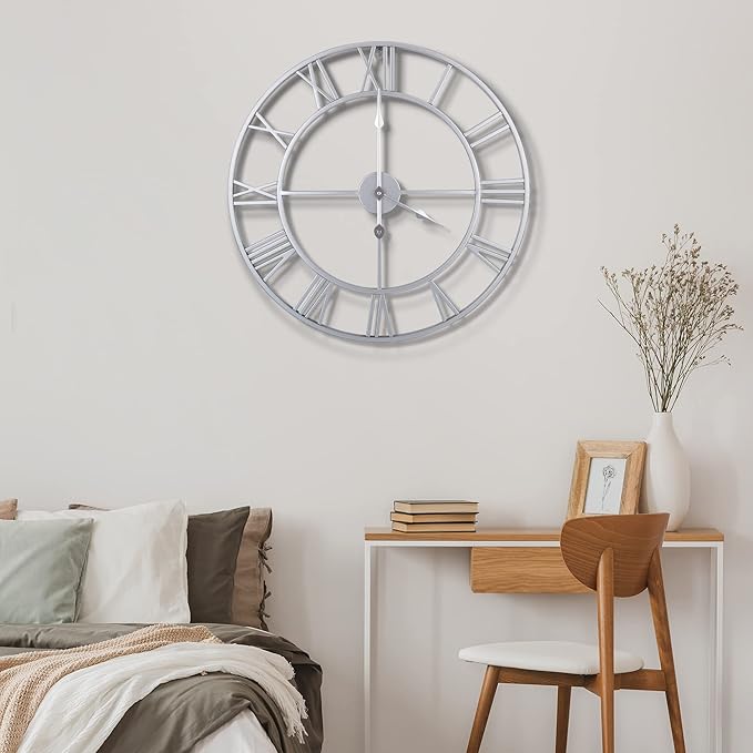 Large Wall Clock, Metal Retro Roman Numeral Clock, Modern Round Wall Clocks Almost Silent, Easy to Read for Living Room/Home/Kitchen/Bedroom/Office/School Decor (Silver, 16 Inch)