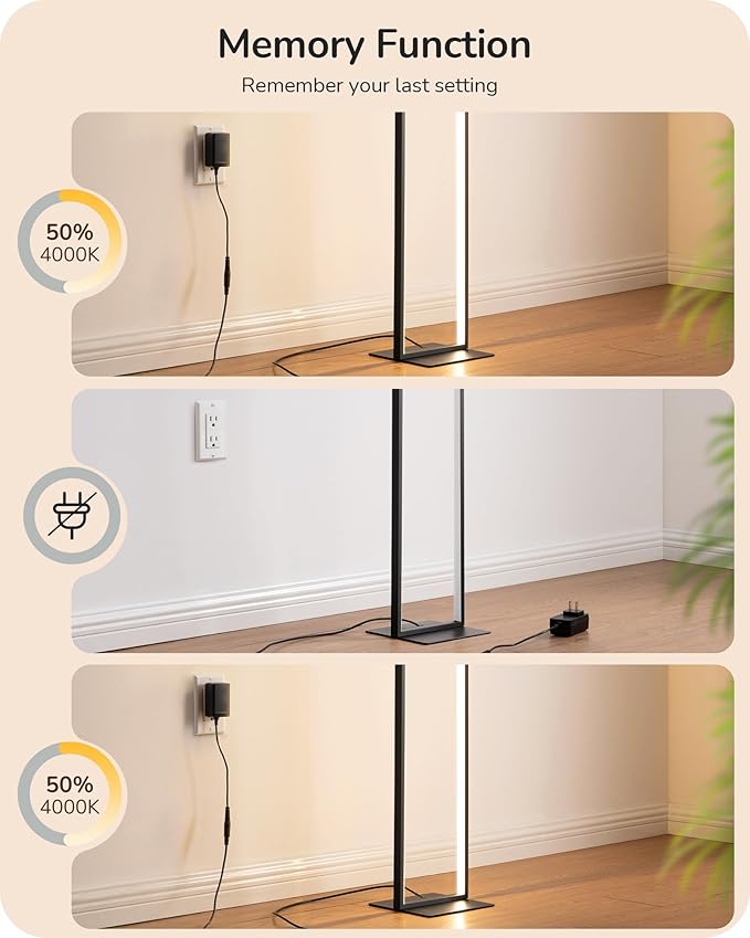 EDISHINE LED Floor Lamp, 55" Modern Minimalist Rectangular Corner Light, 3000K-6000K Dimmable, Remote Control & Foot Switch, Metal Base Standing Lamps for Living Room, Bedroom, Office, Black