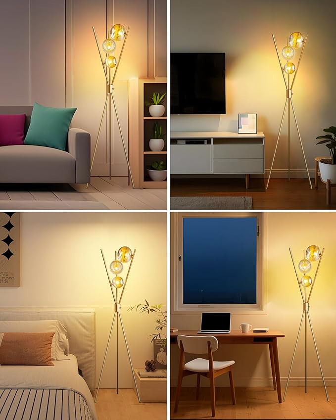 Lightdot Dimmable Tripod Floor Lamp Gold Art Deco Floor Lamp with Brown Globe Glass Lampshade 3Pcs Bulbs Included Tripod Standing Lamp for Living Room/Bedroom