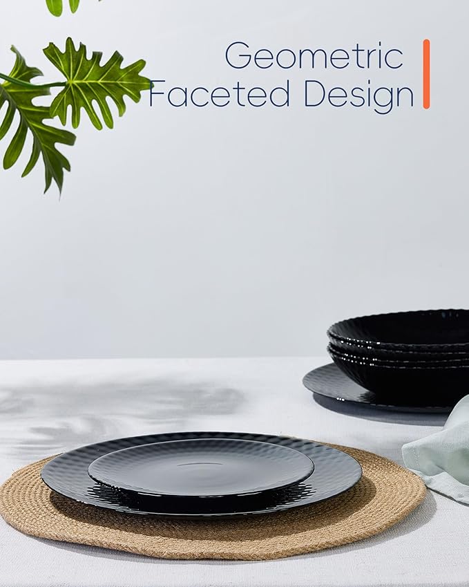 7.5 inch Salad Appetizer Plate Set of 6, Opal Glass Light and Durable Geometric Faceted Small Black Plates for Dessert, Kitchen, Dishwasher and Microwave Safe