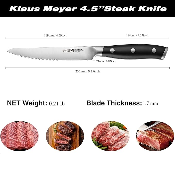 Klaus Meyer Stahl High Carbon Exclusive German Steel 4.5 inch 6 Piece Steak Knife Set (Black)