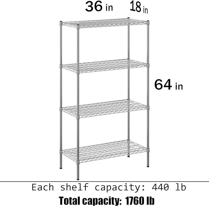 18" Deep x 36" Wide x 64" Height Wire Shelving Kit | 4-Tier | NSF Commercial Storage Rack Unit