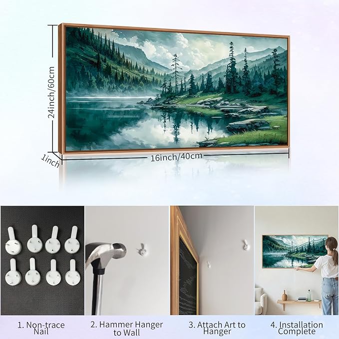 Tinonedraw Large Nature Forest Framed Canvas Wall Art, Boho Mountain Calming Lake Wall Decor, Olive Green Pine Trees Artwork, Northern Wilderness Art Painting for Living Room Bedroom Office 20"x40"