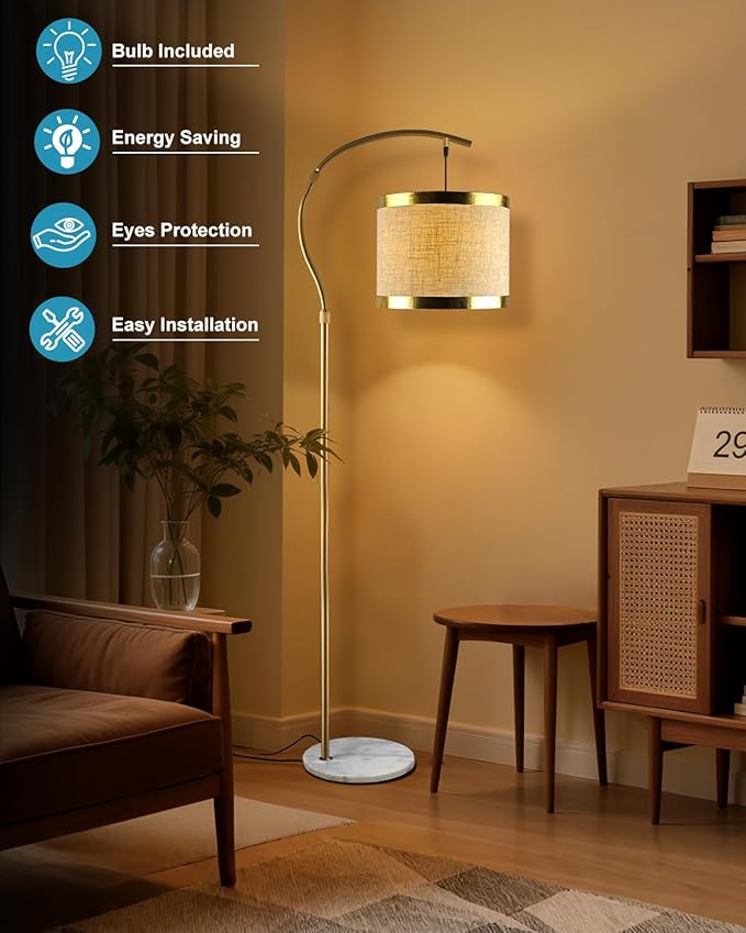 Lightdot 64.9IN Gold Arc Floor Lamp, Modern Floor Lamps for for Wedding/Party, Standing Lamp with Linen Shade, Tall Floor Lamp Living Room/Bedroom (Bulbs Included)