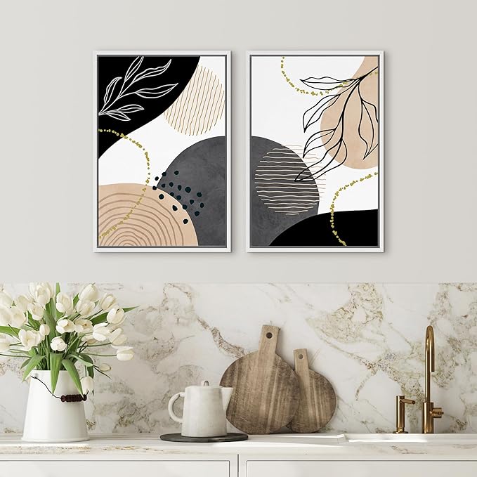 SIGNFORD Framed Canvas Print Wall Art Set Mid-Century Nordic Geometric Ring Plants Abstract Shapes Illustrations Modern Art Decorative Bohemian for Living Room, Bedroom, Office - 24"x36"x2 White