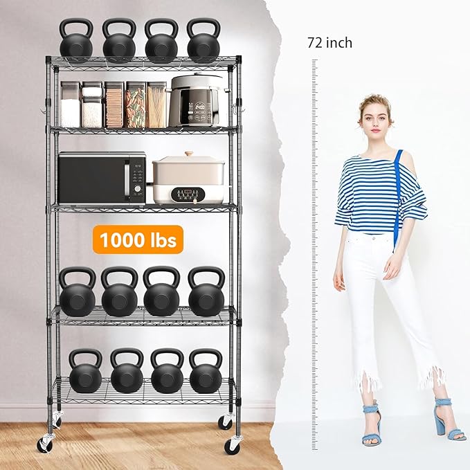 YNN Storage Shelves,1750Lbs 5 Tier Heavy Duty Metal Rolling Shelving Unit with Wheels & 8 Hooks, Adjustable Garage Wire Rack for Kitchen, Bathroom,Industrial,Pantry(36" W x 14" D x 72" H,Black)