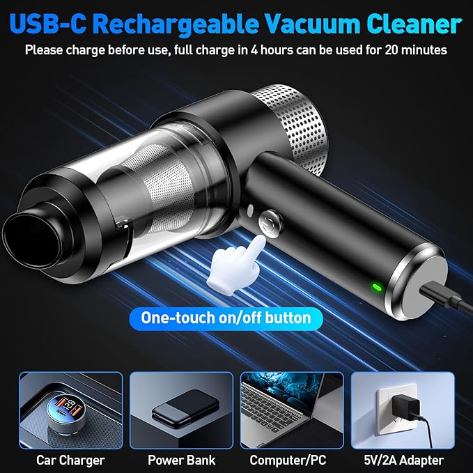 Mini Vacuum Cleaner, 16000PA Car Vacuum Cleaner Portable Cordless with LED Light, 4 in 1 Air Duster and Handheld Small Vacuum Rechargeable for Car, Home, Office, Pet(Black)