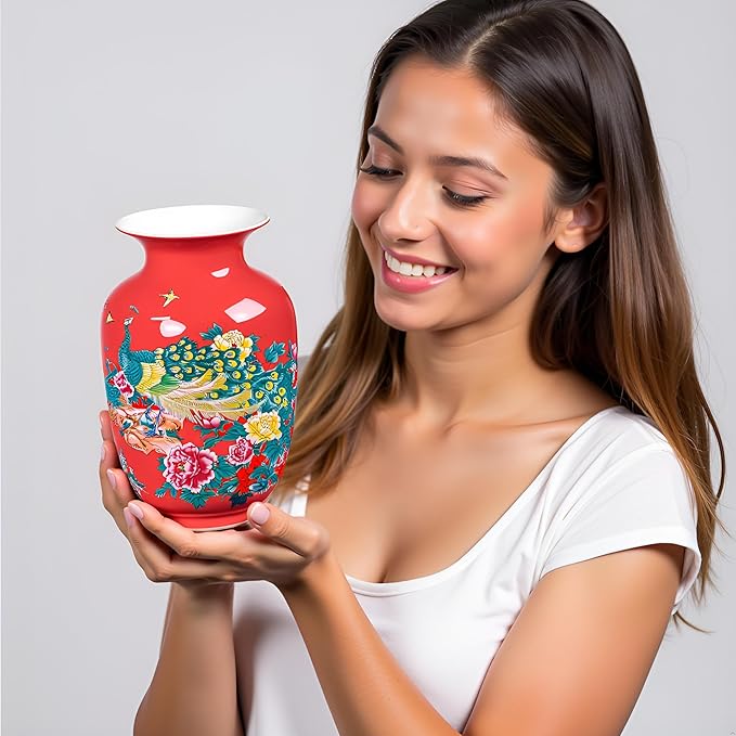 MTME Porcelain Figurines, Jingdezhen Peacock Decorative Flower vase, Home Decor, Wedding Gifts, Aesthetic Sculpture Home décor (Red)