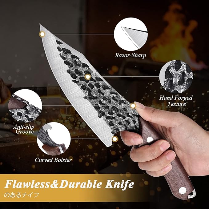 Huusk Viking Knife with Sheath - Hand Forged Boning Knife for Meat Cutting, Japanese Chef Knives for Kitchen, Outdoor Camping, Christmas Gifts Idea