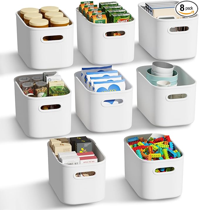 8 Pack White Storage Bins for Shelves, Plastic Storage Containers for Organizing, Stackable Storage Boxes with Handle, Storage Bins White for Classroom, Craft, Snacks, Cabinet, 9.7x6.7x5.7 inch