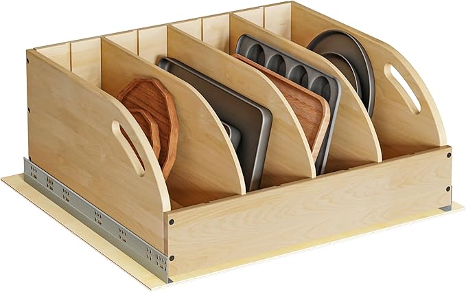 WelFurGeer Birchwood Pot and Pan Organizer with Soft-Close Drawer, Pull Out Cabinet Organizer, Heavy-Duty Slide-Out Storage for Baking Sheets, Cutting Boards, and Kitchen Utensils