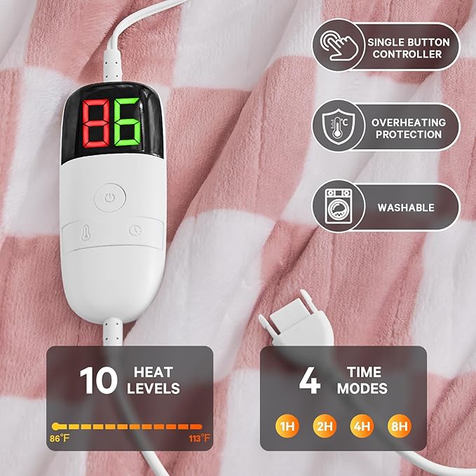 Light Pink Heated Blanket Electric Twin Size, 62X84 Heating Blanket with 10 Heat Levels & 8 Hours Auto Off, Checkered Plaid Soft Fleece Sherpa Blankets Warmer Gifts for Couch Grandma Women Adults, ETL