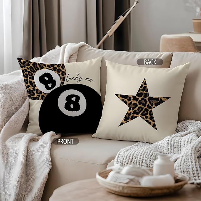Leopard Star Lucky 8 Ball Throw Pillow Covers 18x18, Cheetah Print Room Decor, Trendy Funky Y2K Leopard Print Decorative Pillow Covers for Girls Room Dorm Apartment Home