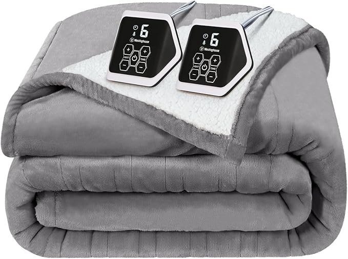 Westinghouse Heated Blanket Queen Size, Soft Flannel to Sherpa Electric Blanket with 10 Heating Levels, 12 Hours Auto Off, Fast Heating Blanket, Machine Washable, 84x90 Inch, Light Grey