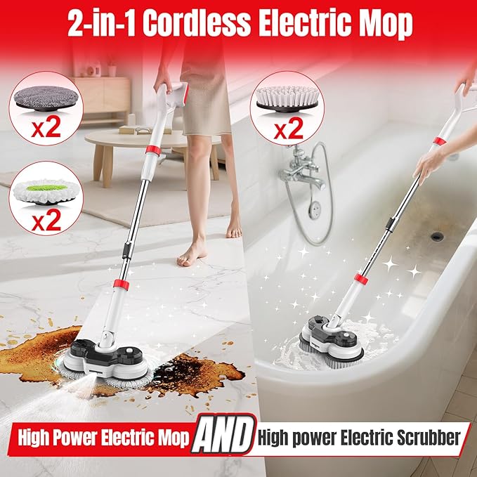 Cordless Electric Mop for Milwaukee M18 Battery (NO Battery), 2 In 1 Spin Mop & Floor Scrubber Machine with LED Light & Water Spray, 800 RPM Electric Mops for Floor Cleaning, Hardwood,Tile,Toilet,Tub
