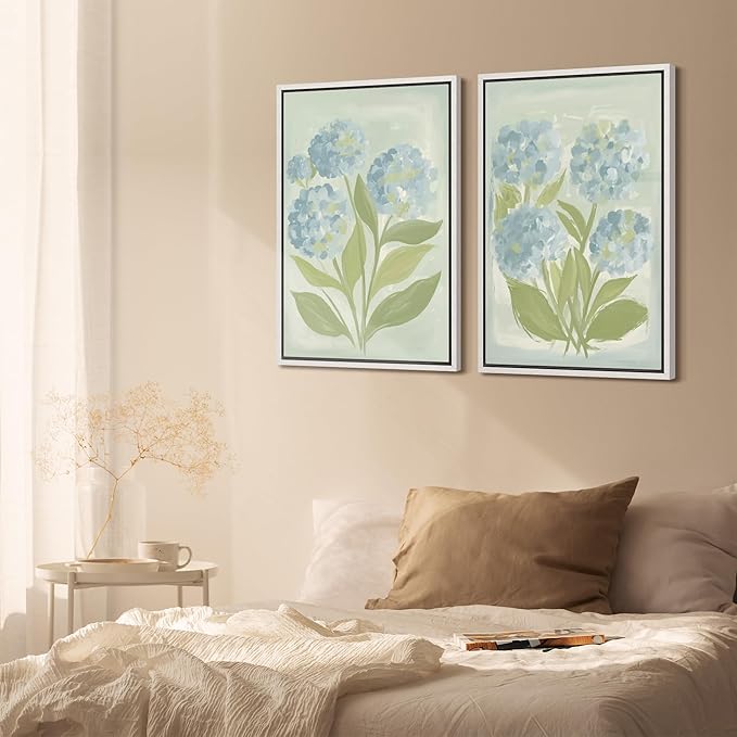 SIGNFORD Framed Canvas Print Wall Art Set Soft Hydrangea Pair Light Blue Florals with Green Leaves Illustration Modern Art Decorative Nordic Nature for Living Room, Bedroom, Office - 24"x36"x2 White