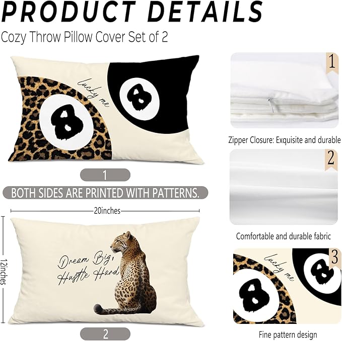 Trendy Leopard Lucky 8 Ball Pillow Covers 20x12, Cheetah Leopard Print Room Decor, Funky Preppy Leopard and Black Billiards Decorative Throw Pillow Covers for Girls Dorm Apartment,Set of 2