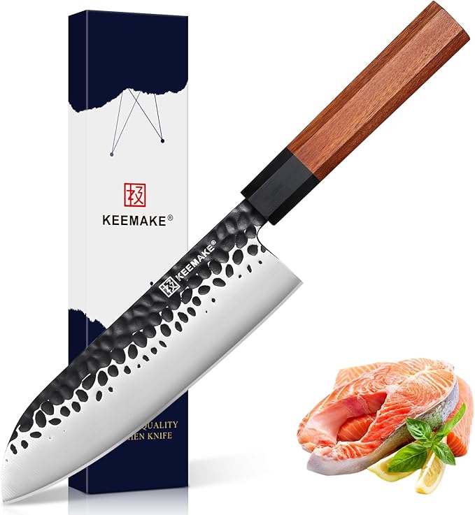 KEEMAKE Santoku Knife 7 inch Chef Knife, Japanese 440C Stainless Steel Kitchen Knife, Porfessional Cooking Knife for Meat Cutting with G10 Bolster Octagonal Wood Handle