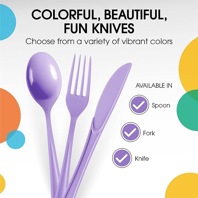 Party Solids Lavender Plastic Knives 200 Pieces Disposable Utensils Heavy Duty Cutlery Set Flatware Silverware for Party Supplies & Tableware