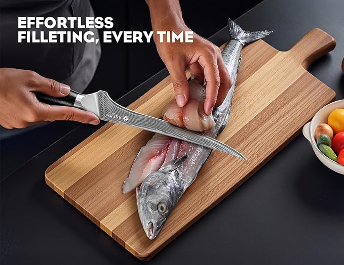 Damascus Fillet knife 7 Inch - Ultra-Sharp Fillet Knife for Fish and Meat, Professional Japanese Boning Knife with VG10 Steel Core, Full Tang G10 Handle, Elegant Box