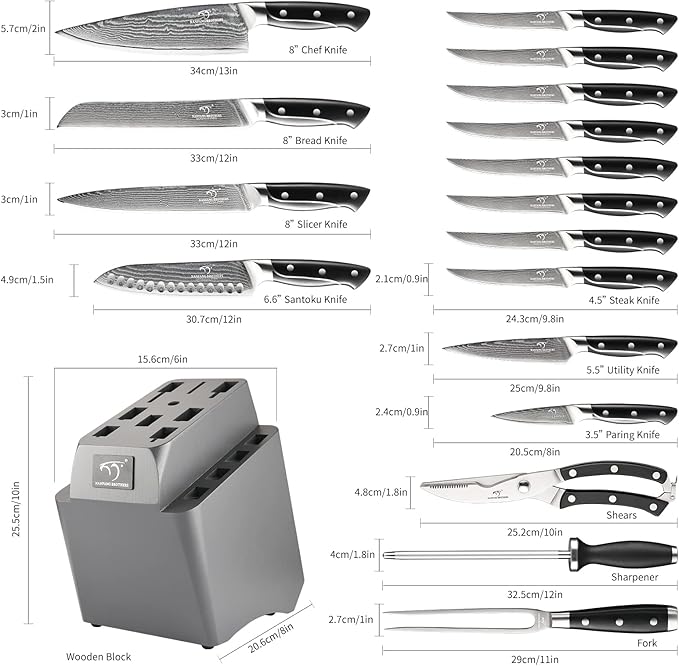 18 Pieces Damascus Kitchen Knife Set, 8 Piece Steak Knives, Non-slip ABS Ergonomic Triple Rivet Handle for Meat Fork, Knife Sharpener and Shears, 17 Slots Fraxinus Manchuria Knife Block (Grey)