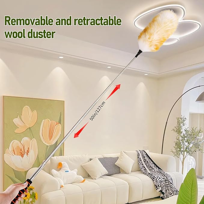 Extendable Lambswool Duster 25-64" Retractable Telescopic Handle Removable Head Multi-Surface Cleaning Tool for Ceiling Fans, Windows, High Walls, and Hard-to-Reach Areas (2pcs)
