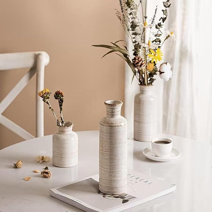 Distressed White Ceramic Vase Set of 3,Small Ceramic Vases for Home Decor,Rustic Farmhouse Vase for Flowers,Decorative Vases for Centerpieces,Table Shelf,Fireplace and Entrance