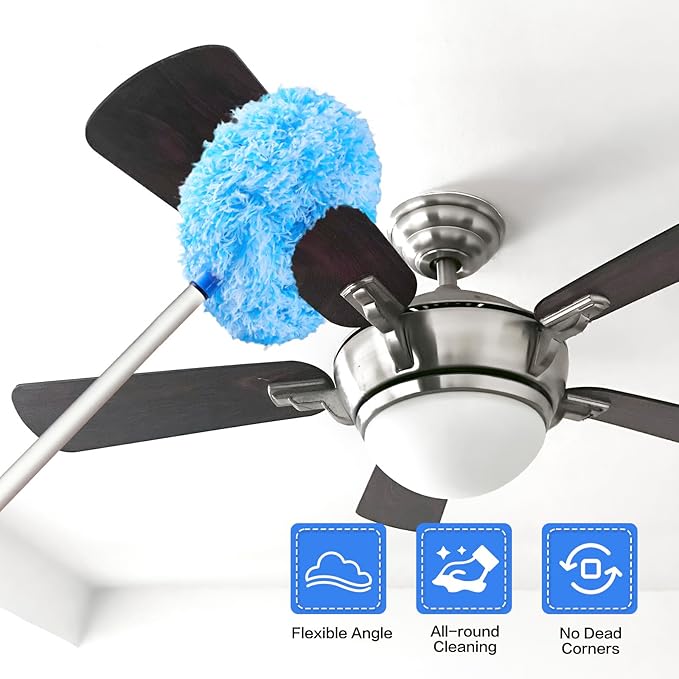 Ceiling Fan Cleaner Duster Reusable Microfiber Ceiling Fan Blade Cleaner Removable Duster with Extension Pole Adjusts 13 to 49.7 Inch for Cleaning Walls Furniture Door Window Top (Blue White)