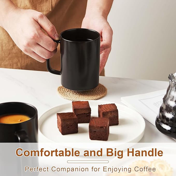 Jassceram Coffee Mugs Set of 6, 18 Ounce Porcelain Mugs for Latte, Hot Tea, Cappuccino, Cocoa and Milk, Ceramic Coffee Cups with Large Handle - Dishwasher & Microwave Safe, Matte Black